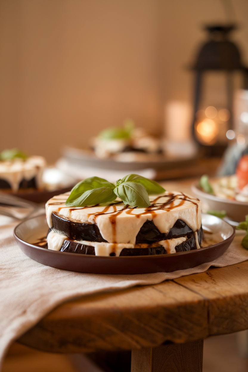 A warm indoor table holding layered rounds of roasted eggplant and melted mozzarella, topped with basil leaves and balsamic drizzle. No logos or words; photography only.