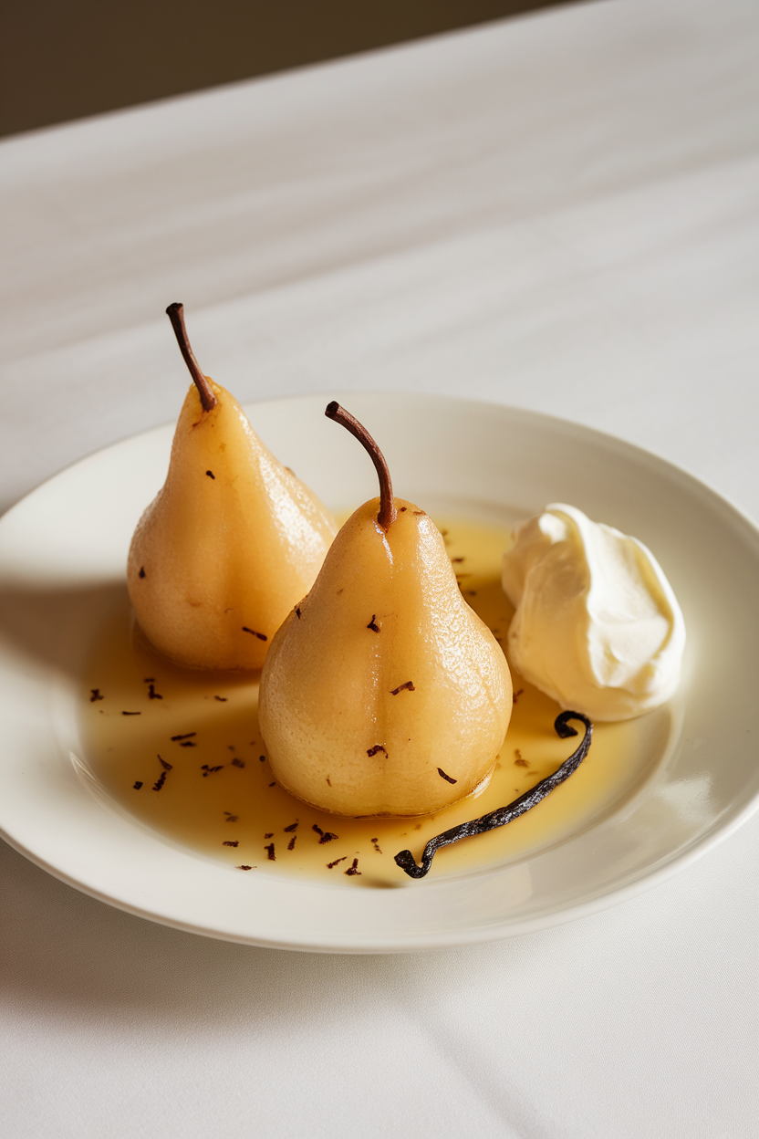 An indoor dessert plate with whole poached pears glazed in clear syrup, vanilla bean flecks visible; no text or logos. Photo.</Prompt