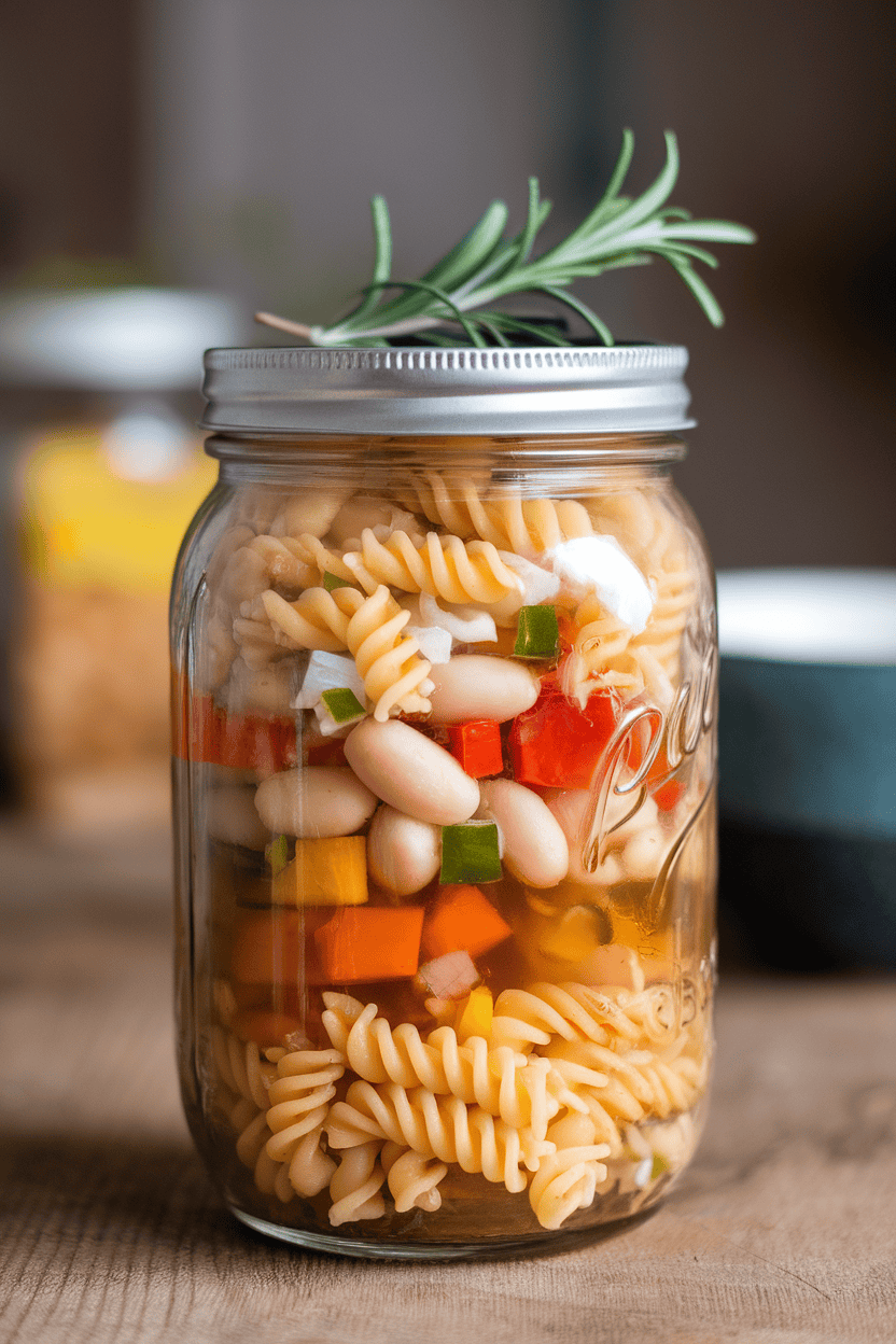 Indoor shot of mason jar layered with fregola pasta, cannellini beans, diced vegetables, and broth, no branding present.