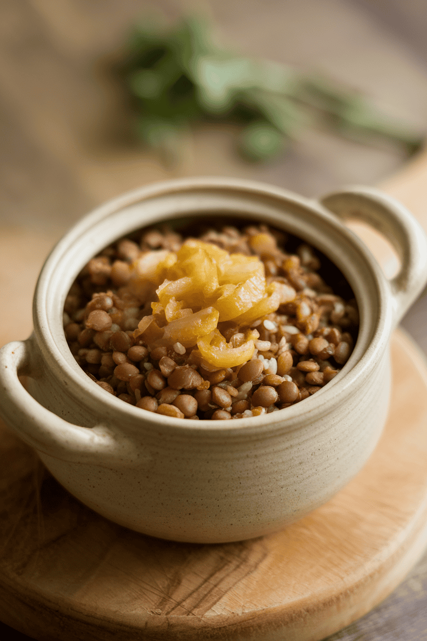 Photo indoors of a small ceramic pot filled with cooked lentils and rice topped with golden caramelized onions. No text or logos.