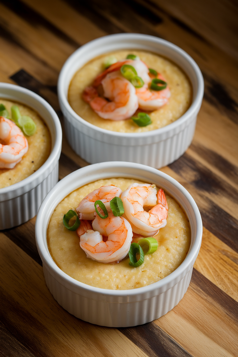 Indoor ramekins filled with creamy grits and topped with sautéed shrimp and scallions. No text or logos.