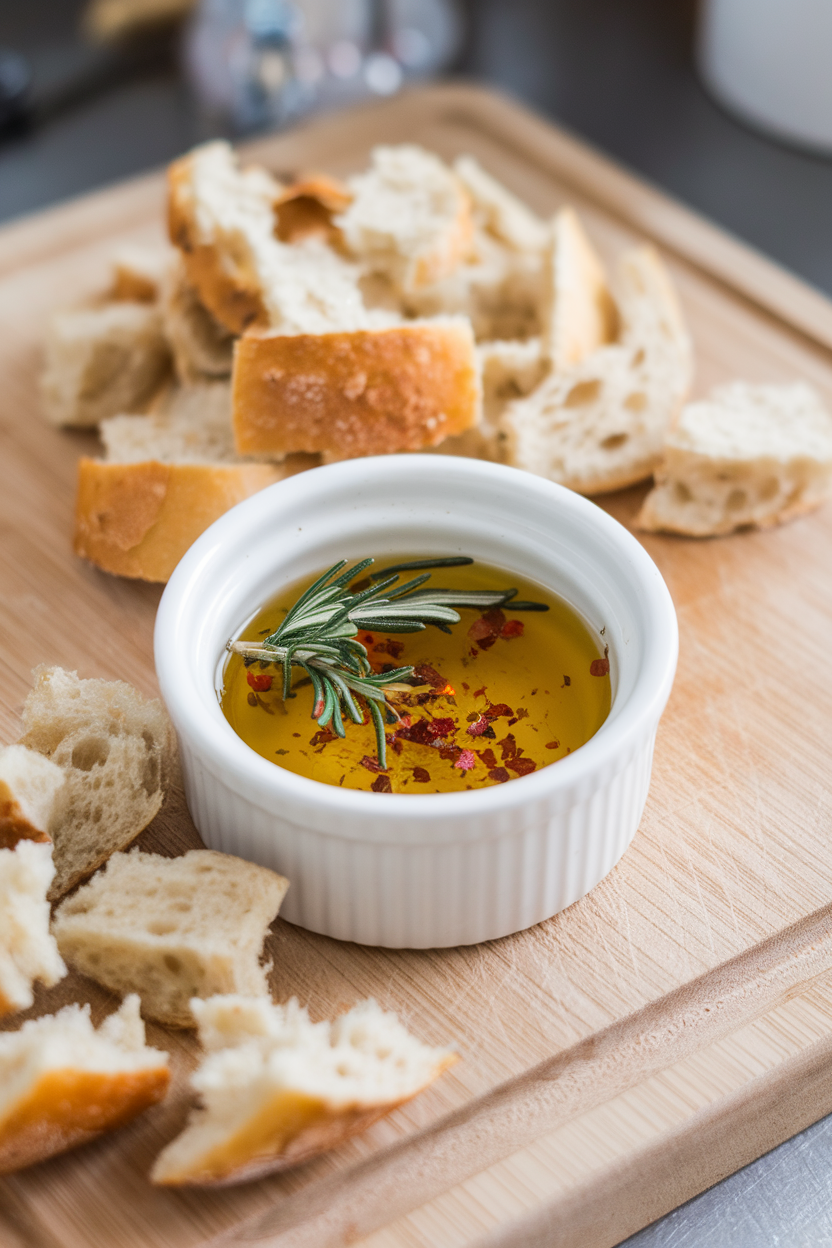 A small indoor ramekin of golden olive oil sprinkled with chopped rosemary, thyme, and red pepper flakes, accompanied by torn pieces of bread nearby. No branding or text.