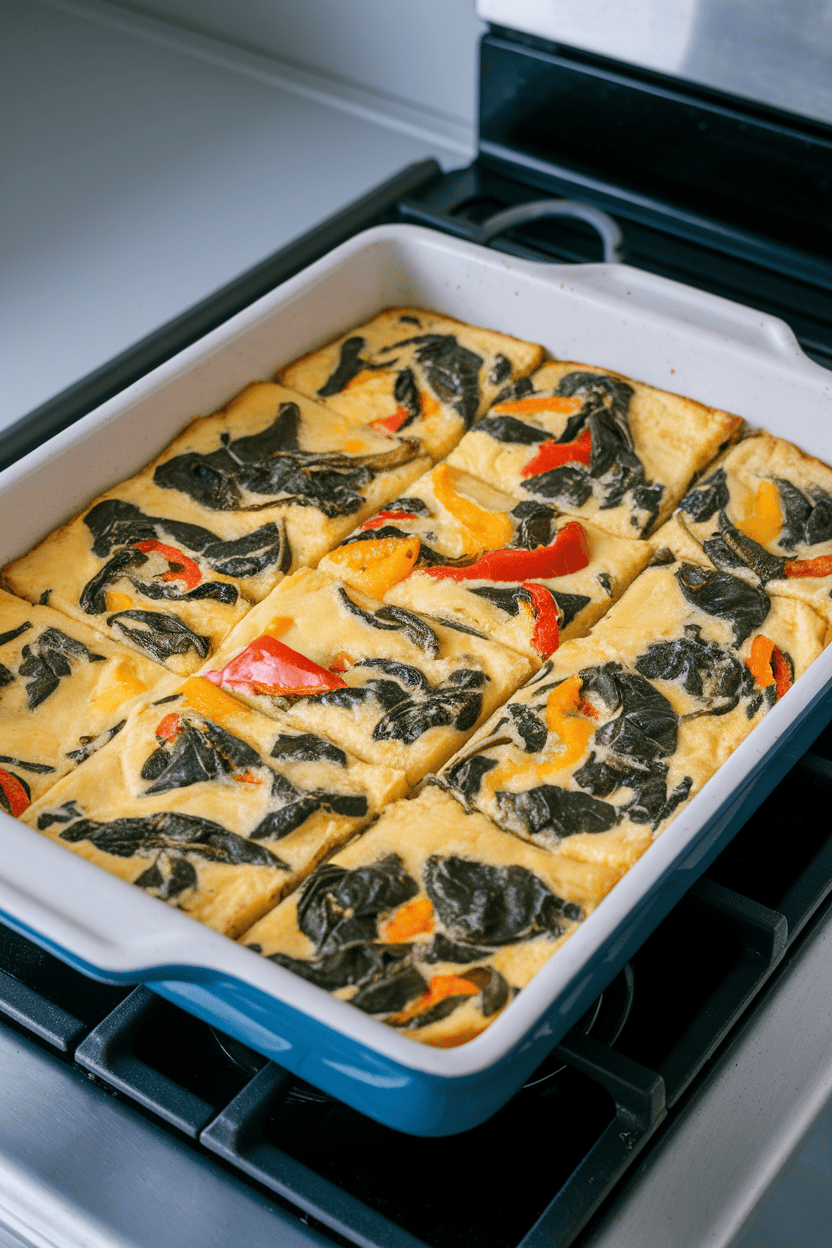 A photo of a baking dish on an indoor stovetop filled with cooked frittata cut into neat squares, colorful peppers and spinach visible within. No text or logos.