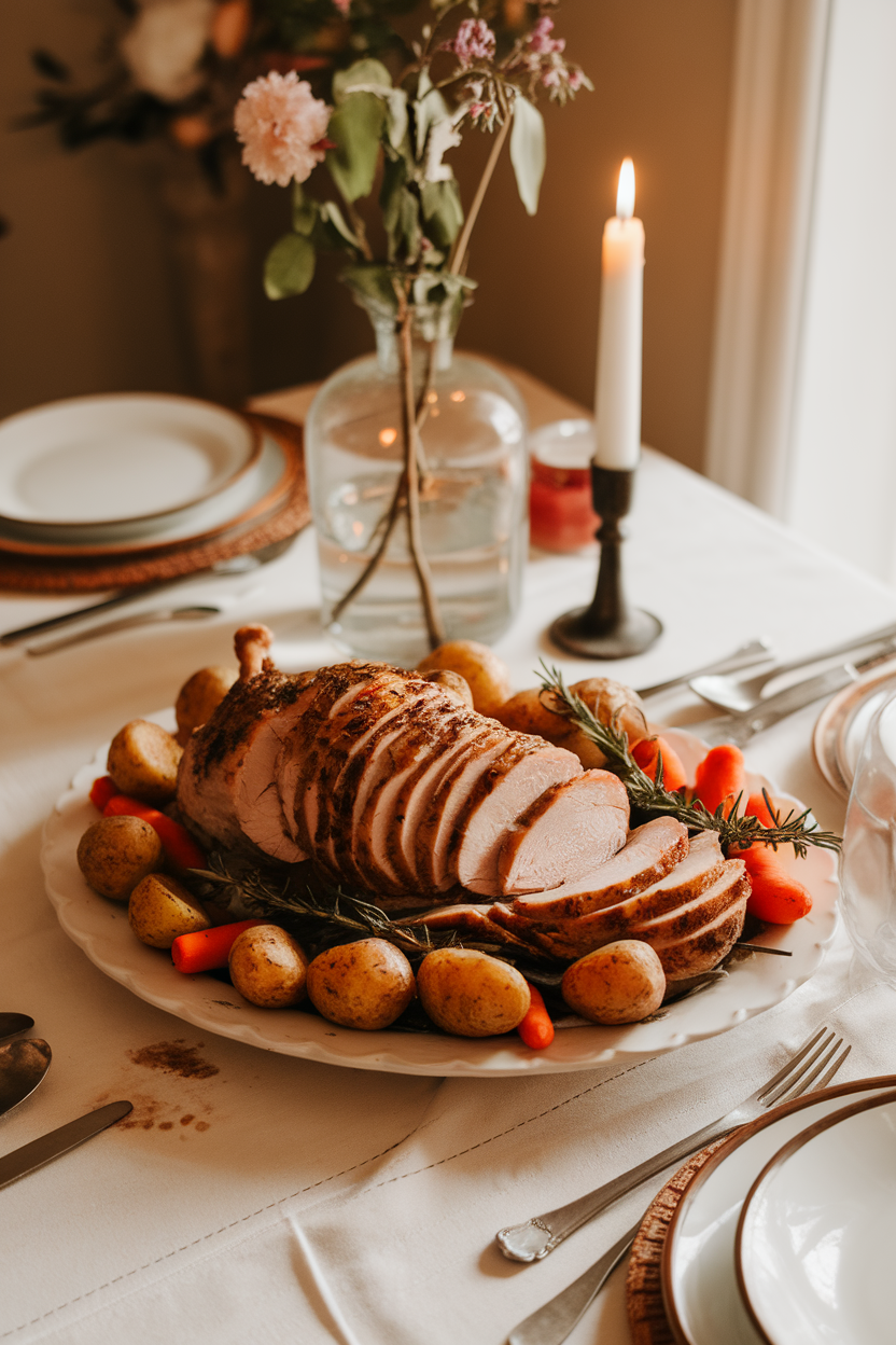 Photo of a warmly lit indoor dining table featuring sliced herb-roasted turkey breast arranged on a white platter with sprigs of rosemary and thyme; no text or logos in the scene, photo not illustration