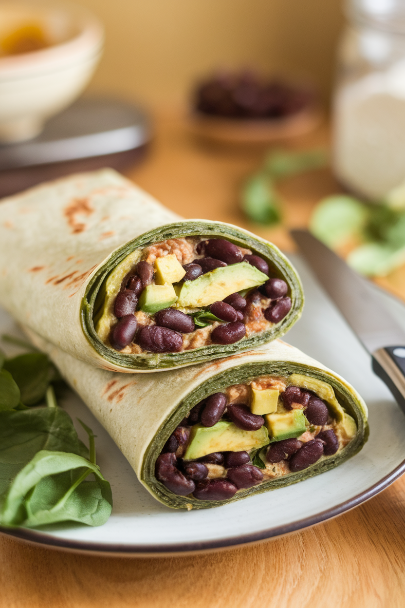 An indoor tabletop scene showing a sliced spinach tortilla wrap packed with black beans, avocado, and greens. Photo only, no text or logos.