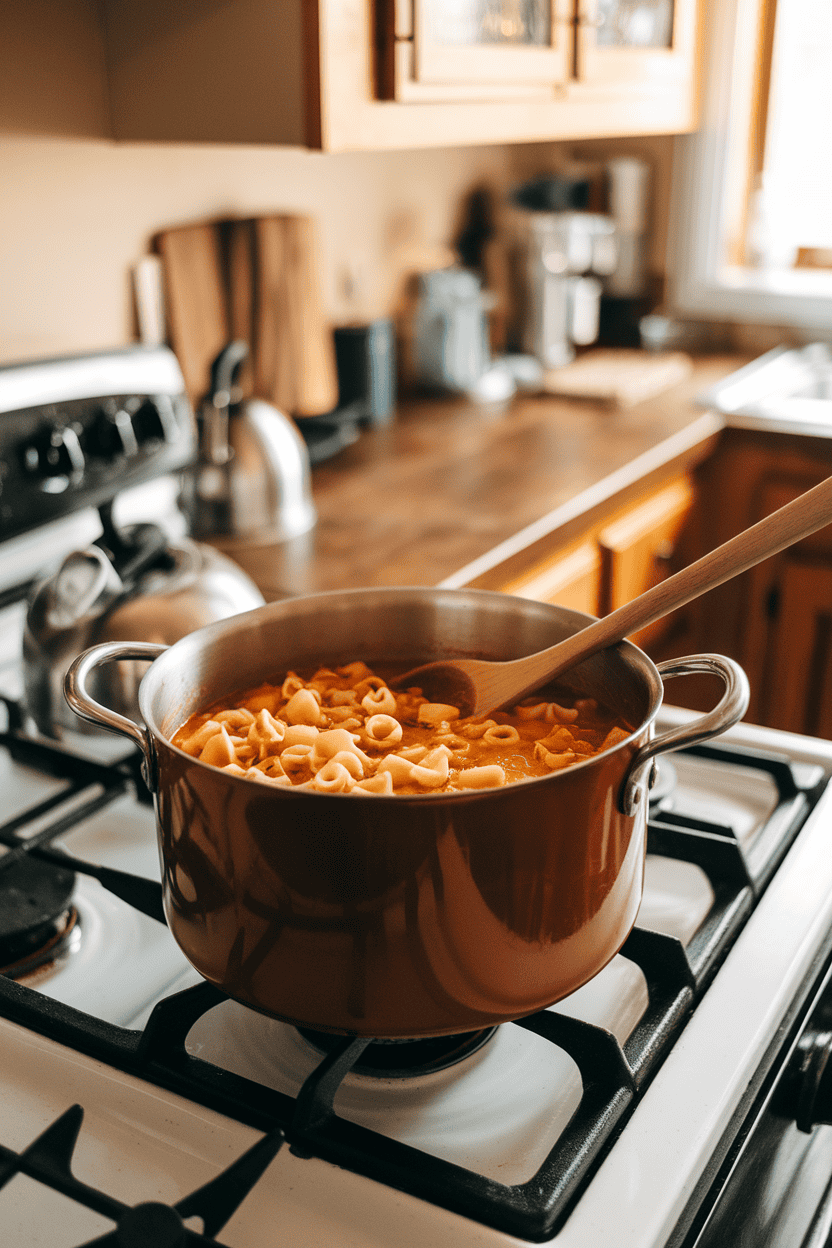 Indoor stovetop with a pot of small pasta shapes mixed into a brothy tomato-chickpea soup, ladle resting on the rim. No text or logos present. Photo, not illustration.