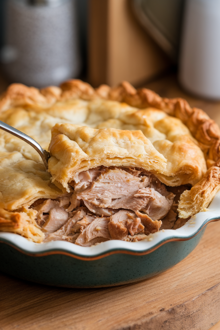 An indoor pie dish showing golden puff pastry topping over creamy turkey filling, a spoon breaking through; no text or logos. Photo.</Prompt