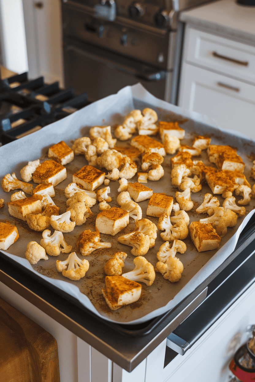 A parchment-lined baking sheet on an indoor kitchen island loaded with roasted cauliflower florets and tofu cubes dusted in turmeric and curry spices. Golden edges showcase caramelization. No text or logos. Photo, not illustration.