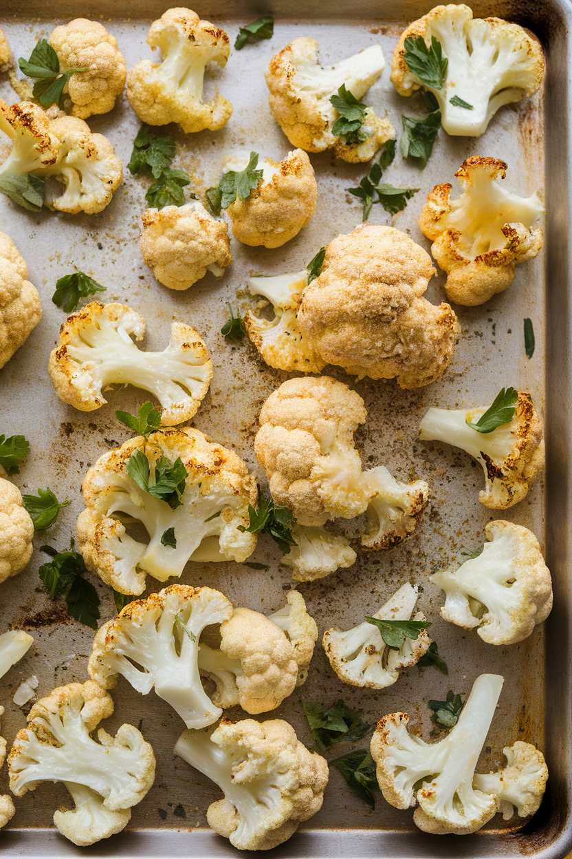 An indoor baking sheet with roasted cauliflower florets dusted in grated Parmesan and parsley, golden edges apparent; no text or logos. Photo.</Prompt