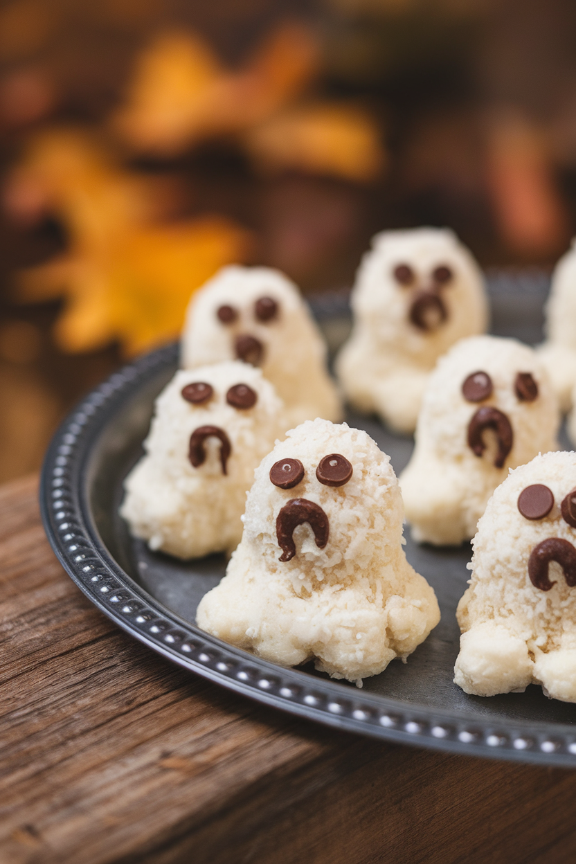 Indoor cookie tray with white coconut macaroons shaped like little ghosts, chocolate chip eyes melted slightly. Photo, no text or logos.