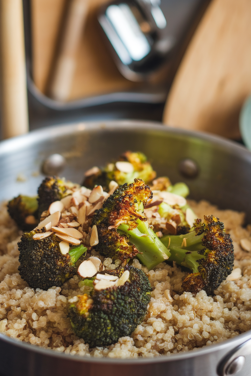 Warm indoor kitchen shot of browned broccoli florets over quinoa, sprinkled with slivered almonds; no logos or text.