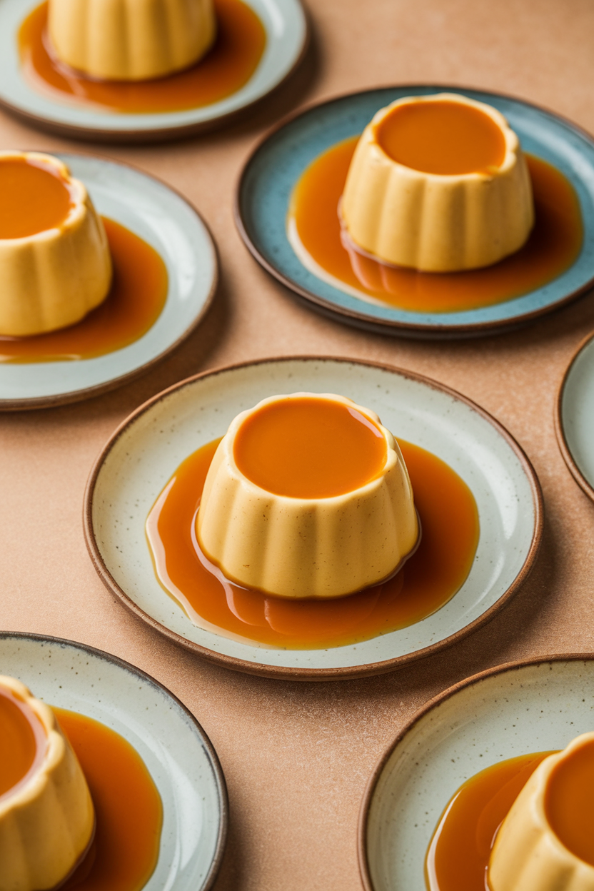Indoor photo of individual crème caramel servings inverted onto plates, pumpkin-orange custard bathed in caramel sauce. No text or logos.