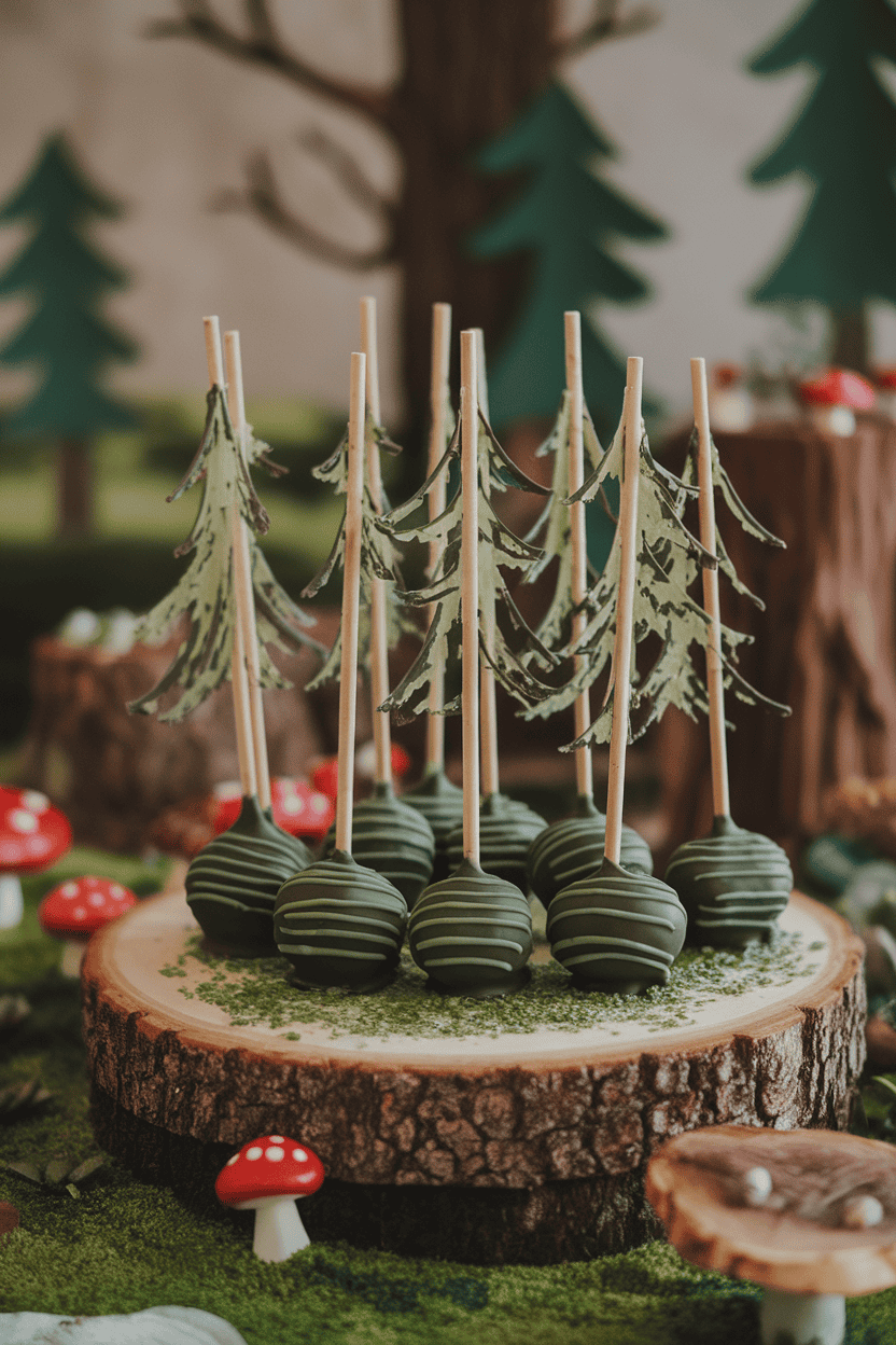 Hazelnut cake pops coated in dark green chocolate, streaked with darker lines resembling trees, indoor forest table décor; no logos or text. Photo.