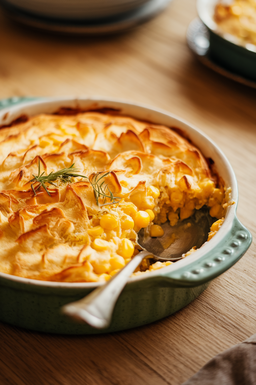 Indoor oven-to-table dish of creamy corn casserole with a golden top, serving spoon inside, no text or logos. Photo.