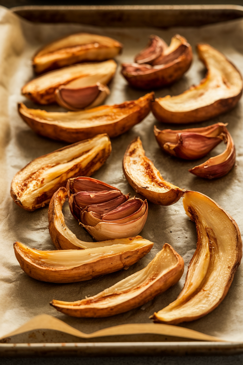Roasted sunchoke wedges with visible garlic cloves on a parchment-lined indoor tray; no text or logos. Photo only.
