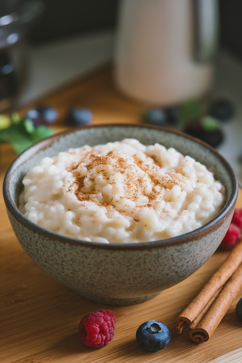 Indoor dessert bowl of creamy white rice pudding dusted lightly with ground nutmeg. No text or logos; photo only.