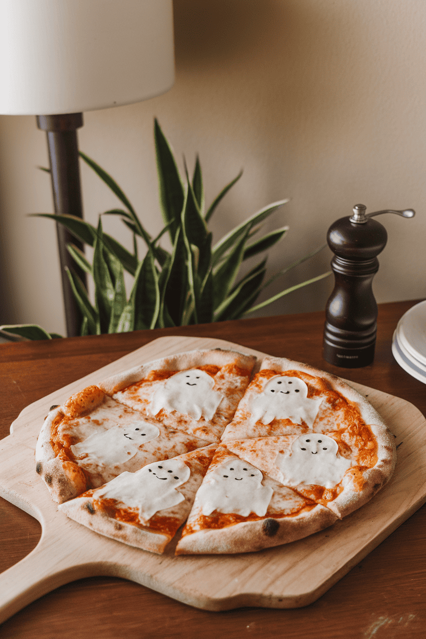 Indoor dining table with a white-sauced chicken pizza sporting ghost-shaped Parmesan stencils across the surface. No text or logos.