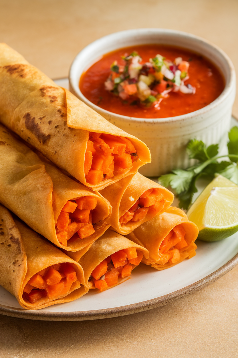 Indoor photo of rolled taquitos with orange sweet potato filling, stacked beside a salsa bowl; no text or logos.