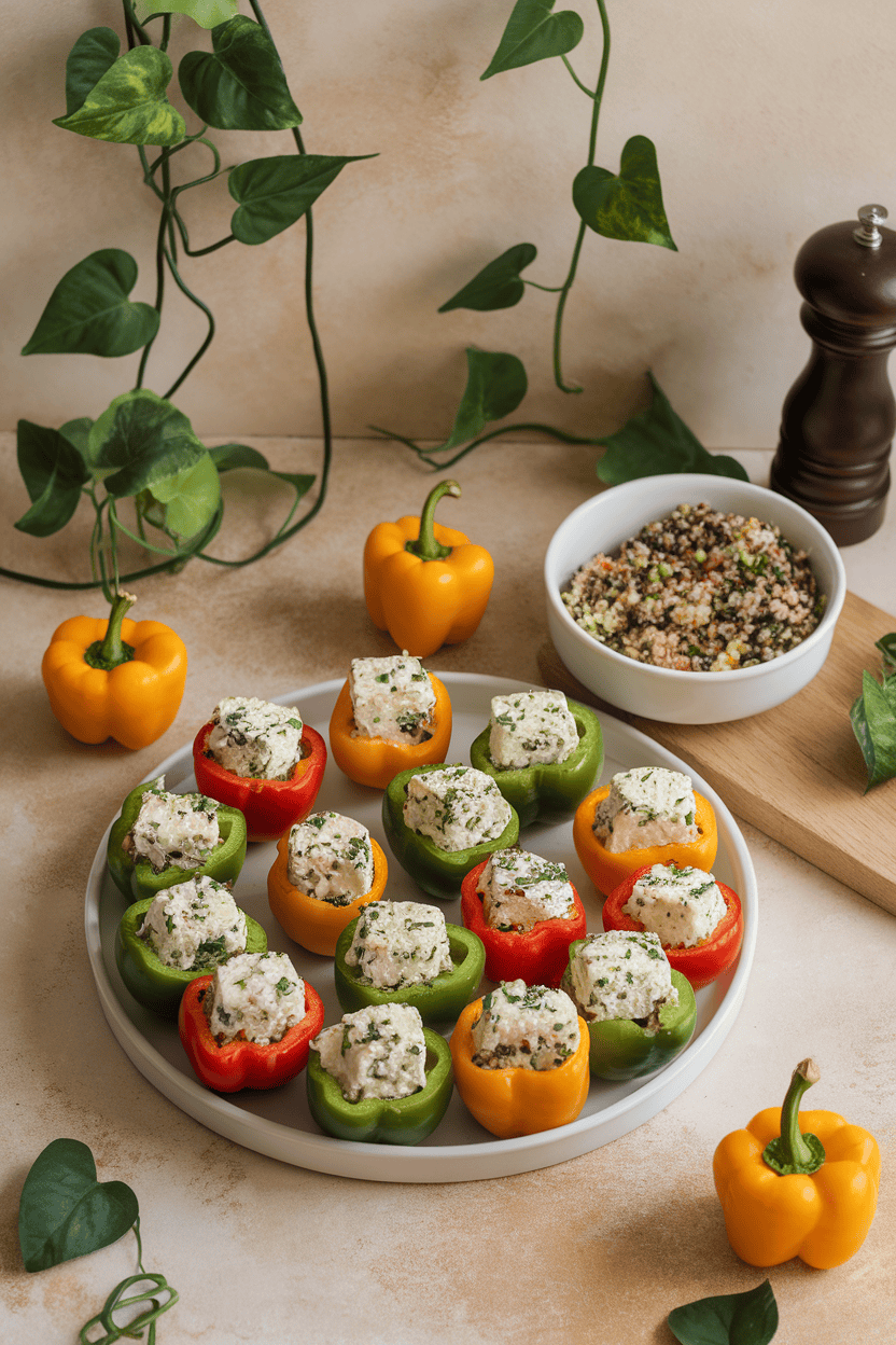 Indoor tabletop image of mini bell peppers stuffed with herbed goat cheese beside a scoop of quinoa tabbouleh; no text or logos.