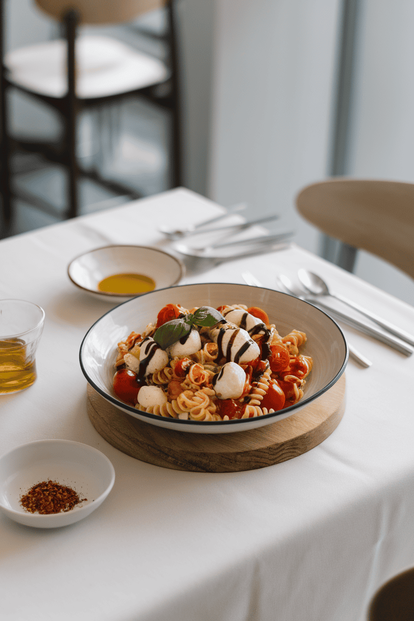 An indoor dining table featuring a bowl of spiral pasta tossed with cherry tomatoes, mozzarella pearls, fresh basil, and balsamic glaze drizzled on top. No text or logos; photo only.