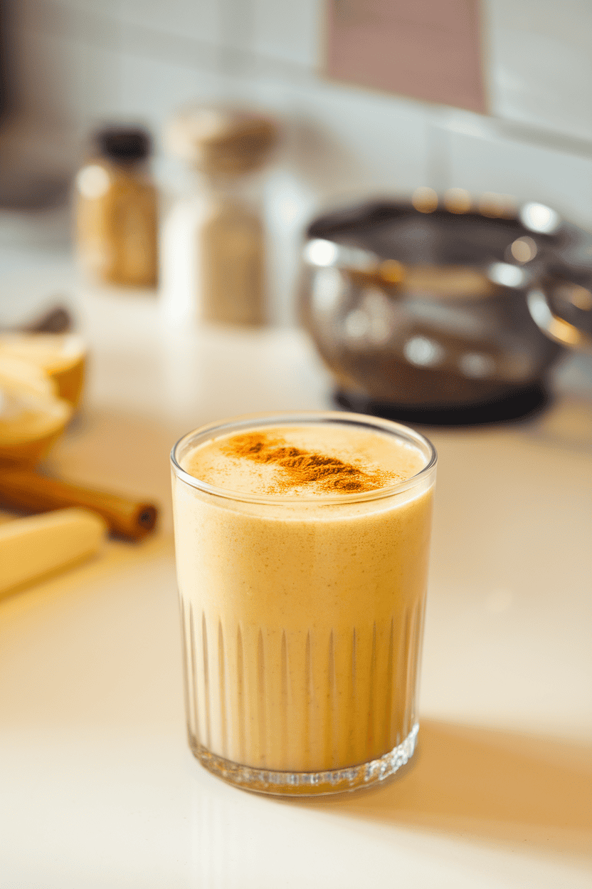 Indoor breakfast bar featuring a frothy yellow golden milk smoothie in a clear glass, hint of cinnamon dust on top. Photo only, no text or logos.