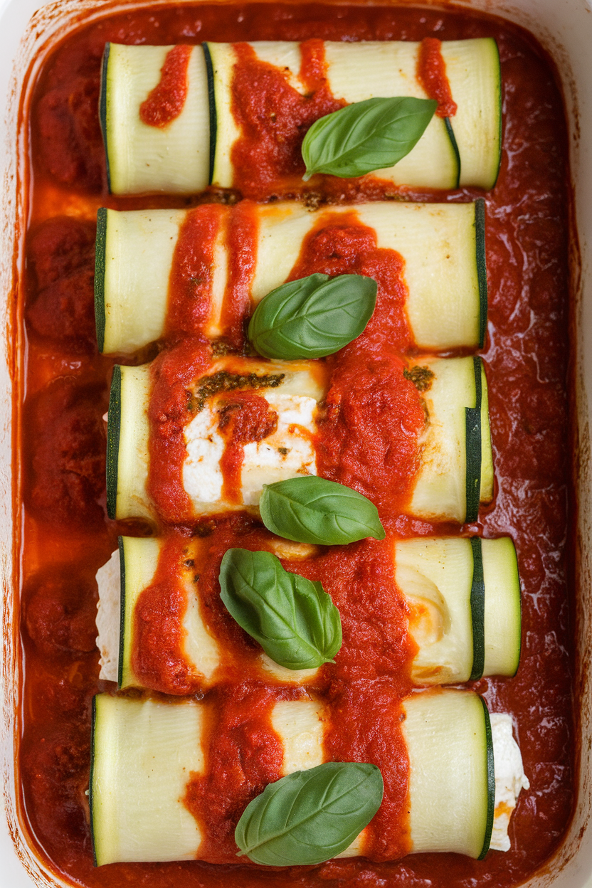 An indoor casserole dish with zucchini strips rolled around ricotta and pesto, marinara bubbling around each roll. Photo only, no text or logos.
