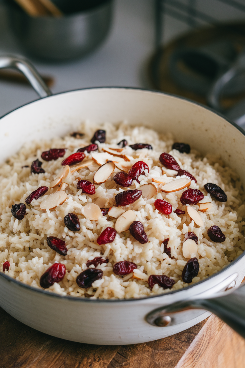 An indoor saucepan of fluffy rice pilaf dotted with dried cranberries and sliced almonds, no text or logos. Photo.</Prompt