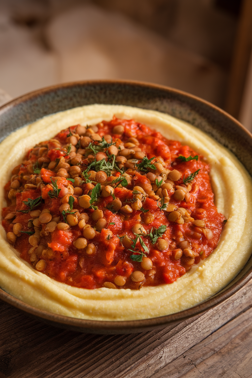 Photo of creamy polenta topped with thick lentil tomato ragù on a shallow bowl indoors; no text or logos.