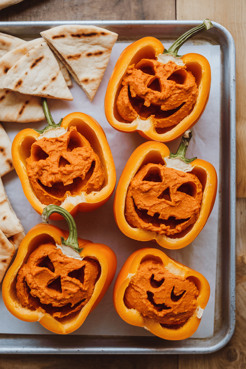 Overhead indoor image of orange bell pepper halves carved with jack-o’-lantern faces, filled with roasted red pepper hummus, on a tray with pita triangles. No text or logos.