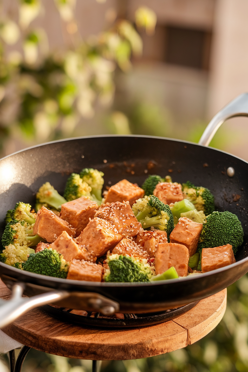 A steaming indoor photo of a wok filled with golden tempeh cubes, bright broccoli florets, and sesame seeds; no text or logos present.