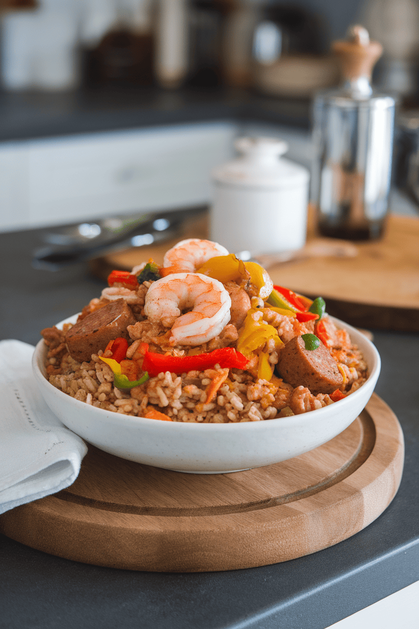 An indoor countertop scene featuring a bowl of jambalaya filled with shrimp, chicken, turkey sausage, and colorful peppers atop brown rice. No text or logos.