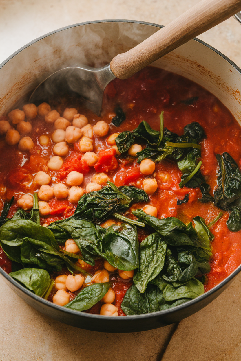Photo of a steaming indoor pot of tomato-chickpea stew with wilted spinach leaves, ladle resting on the side; no text or logos.