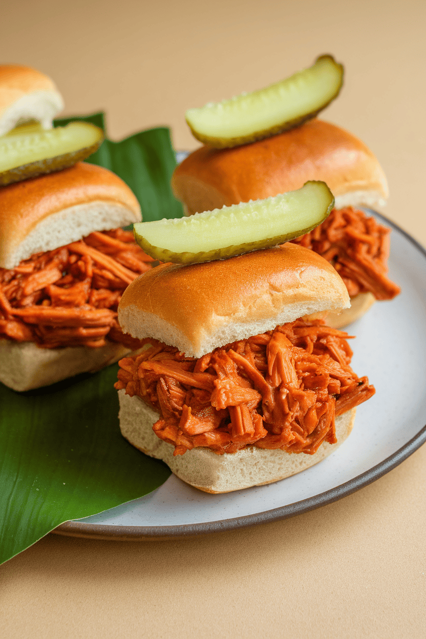 Indoor tabletop with mini slider buns filled with saucy shredded jackfruit, pickle chips on top. No text or logos in view. Photo, not illustration.