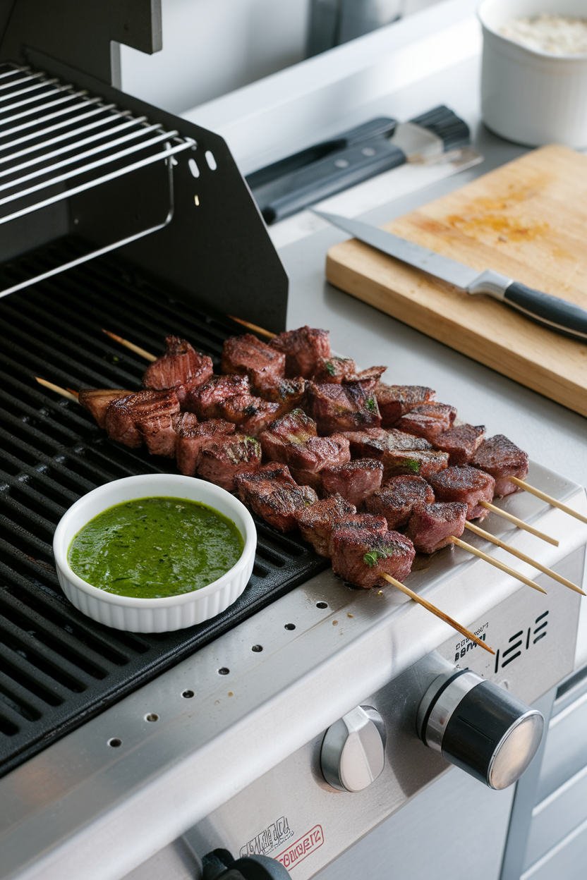 An indoor grilling station showing a small bowl of bright green chimichurri dip beside skewered steak bites. Photo, no text or logos.