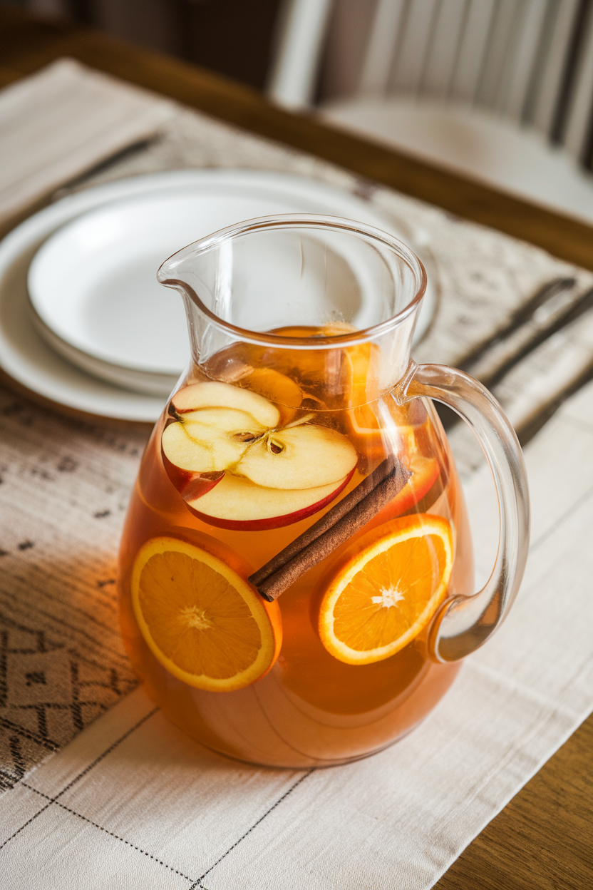 Photo of a clear pitcher on an indoor dining table filled with golden spiced apple cider sangria, apple slices, orange wheels, and cinnamon sticks suspended in the liquid. No text or logos anywhere in the scene.