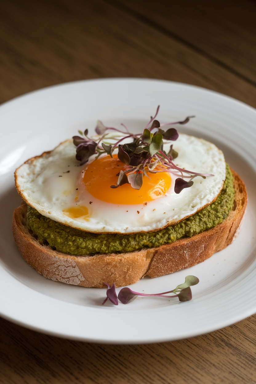 Indoor photo of pesto-smeared toast topped with a fried egg, yolk slightly runny, garnished with microgreens. No text or logos.