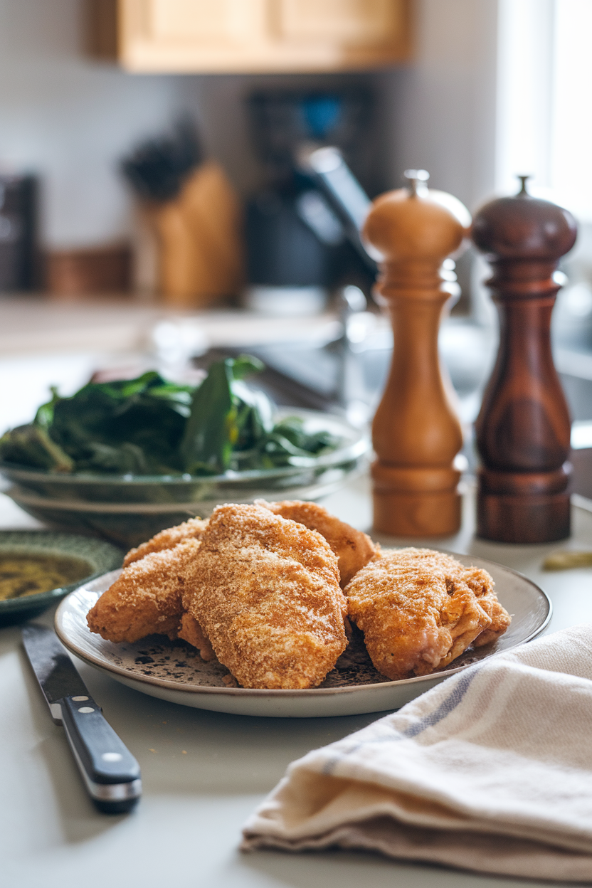 Indoor kitchen counter displaying gluten-free fried chicken breasts coated in almond flour and parmesan, leafy greens in background, photo only, no text or logos
