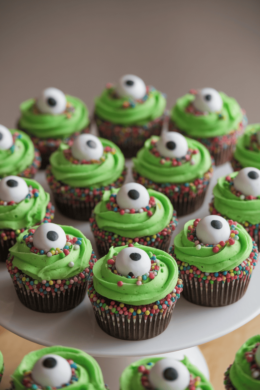 Photo shot indoors showing colorful funfetti cupcakes covered in bright green frosting and dotted with multiple candy eyeballs, set against a neutral background; no text or logos