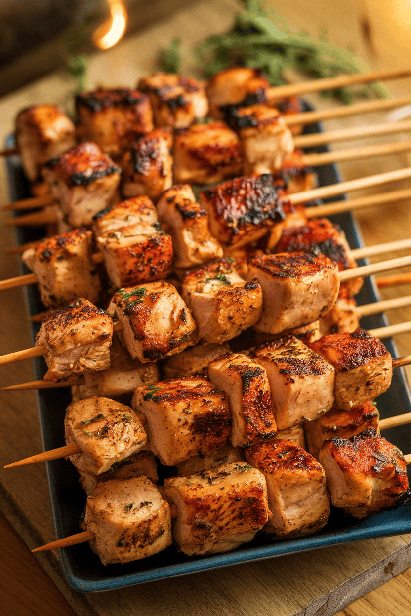 Indoor photo of wooden skewers threaded with jerk-spiced chicken cubes, slight char, on a rectangular platter. No text or logos.