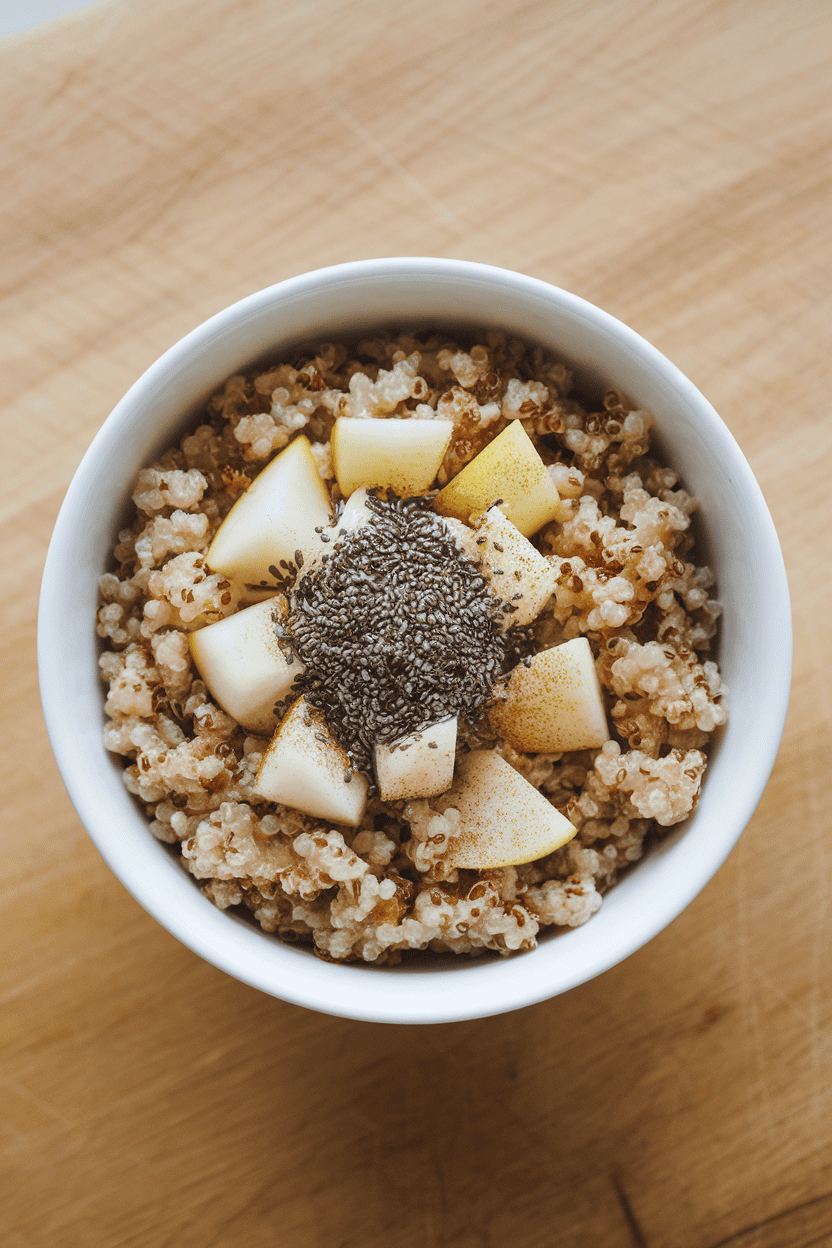 Overhead indoor shot of a white bowl filled with cinnamon-speckled quinoa, topped with diced pear and a sprinkle of chia seeds. Photo only, logo-free scene.