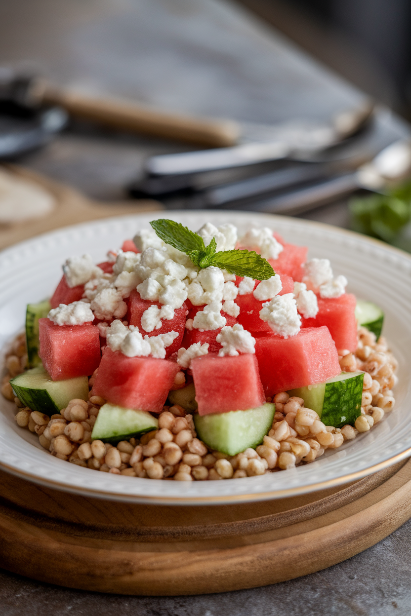 Indoor image of cubed watermelon and cucumber over pearled barley, topped with crumbled feta and mint leaves. No logos or text.