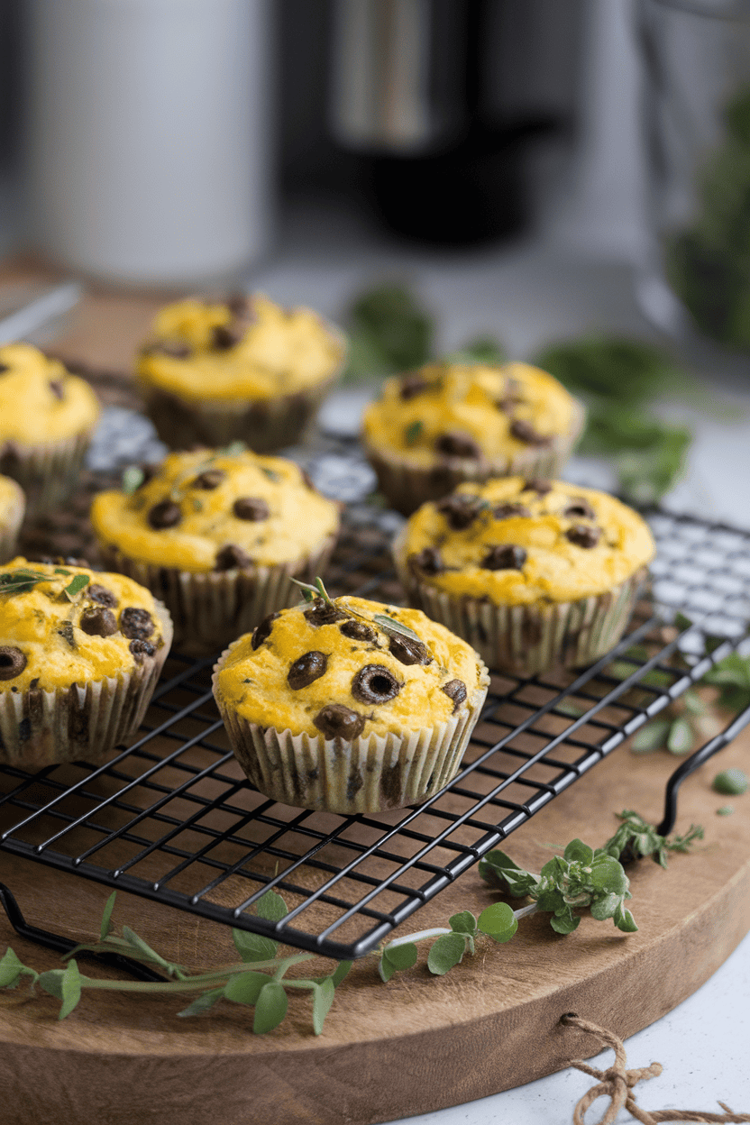 Indoor cooling rack with savory egg muffins studded with olive tapenade and herbs. No logos or text visible.