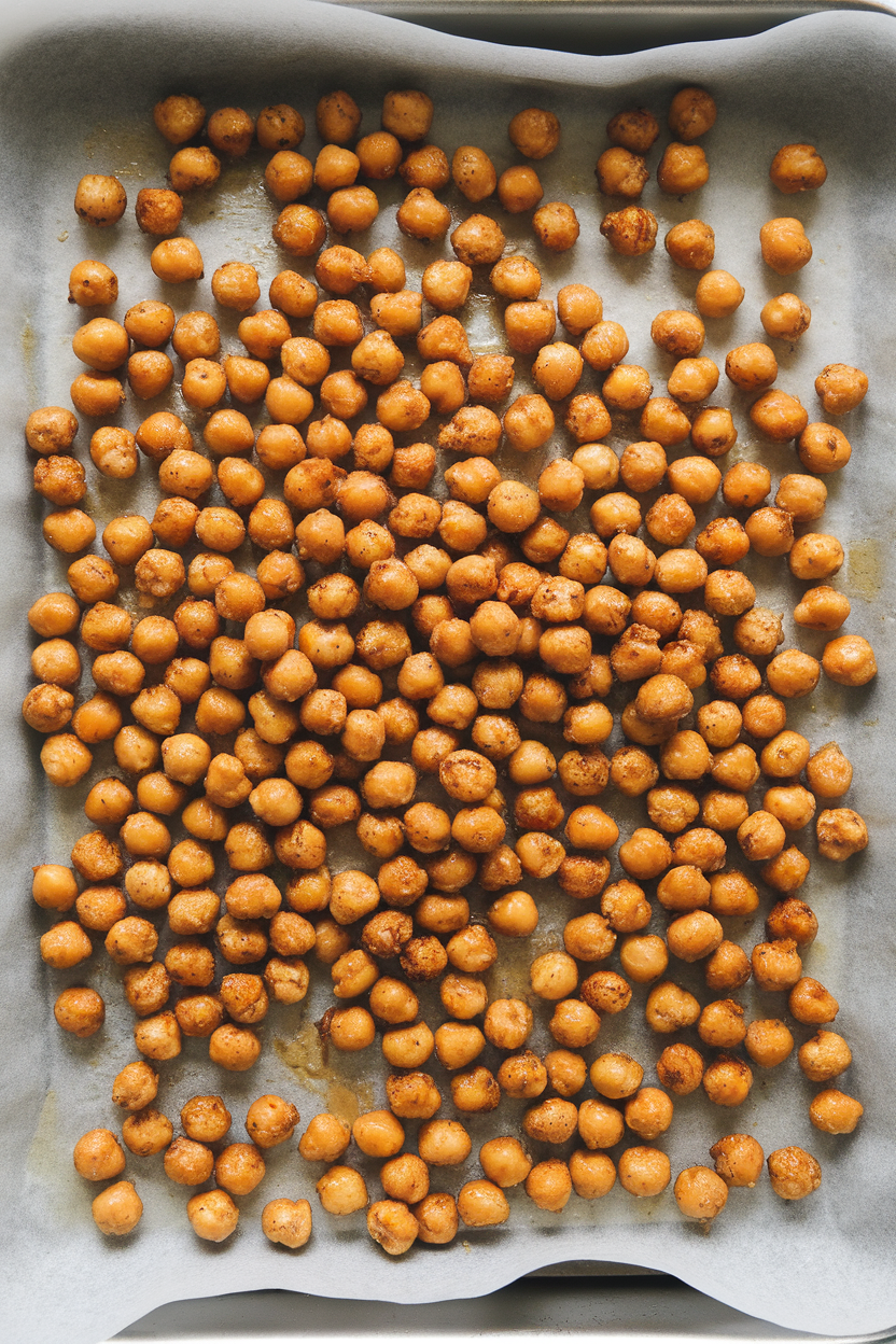 A parchment-lined indoor tray covered with crispy roasted chickpeas glazed in maple-dijon coating. No logos or text. Photo only.