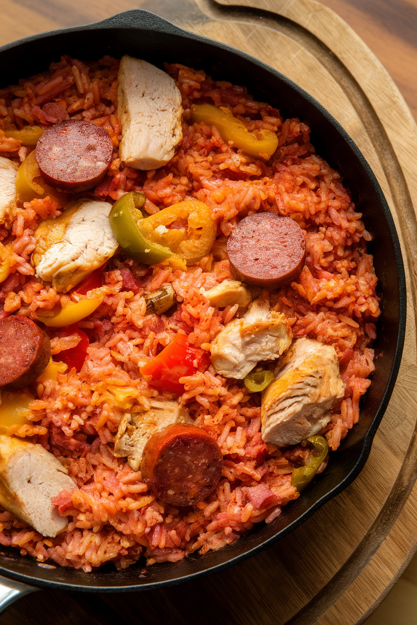 Indoor photo of a skillet of jambalaya—rice tinted crimson, slices of andouille and chunks of chicken dotted with peppers. No text or logos.