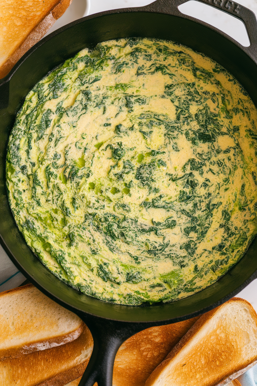 Photo of cast-iron skillet bubbling with bright green spinach cheese dip, toast points beside it, indoor shot. No text or logos.