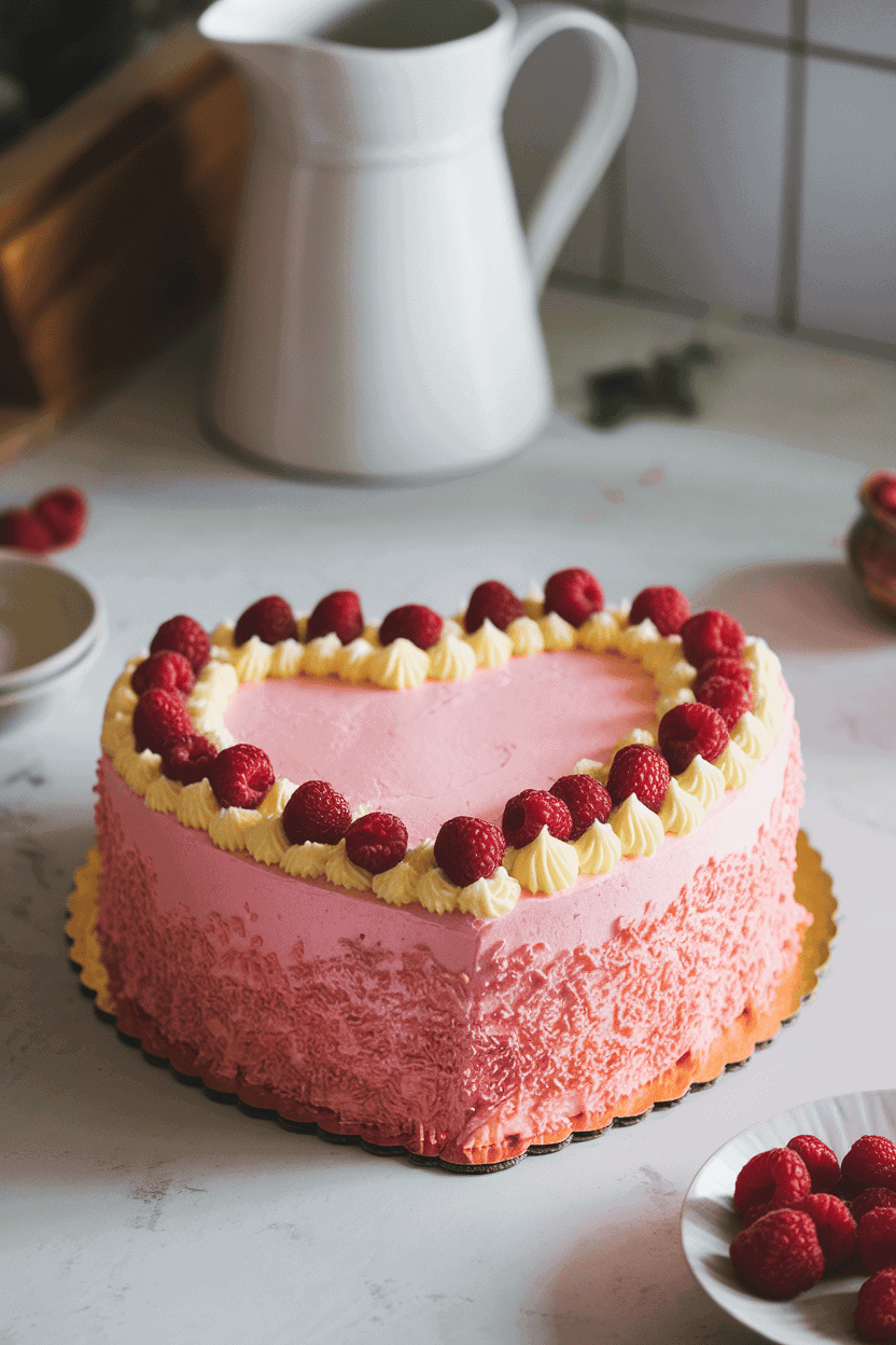 Indoor kitchen tabletop showing a pink-tinted sheet cake with pale yellow lemon frosting and scattered fresh raspberries. No text or logos. Photo.