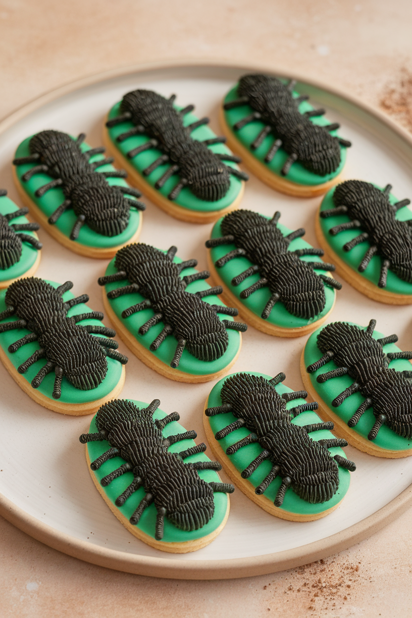 Indoor photo of long oval cookies with rows of tiny black sprinkle “legs” on green icing, forming centipede bodies, no text or logos.