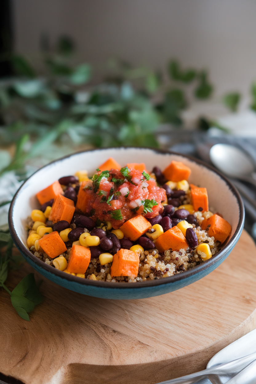 An indoor serving bowl showing roasted sweet potato cubes, black beans, and corn over quinoa, dollop of salsa. Photo only, no text or logos.