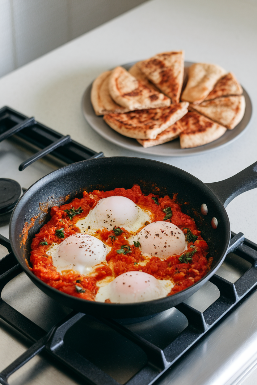 An indoor stovetop photo of a small cast-iron pan filled with cooked tomato-pepper sauce and poached eggs, served with whole-wheat pita wedges on a plate nearby, no text or logos.