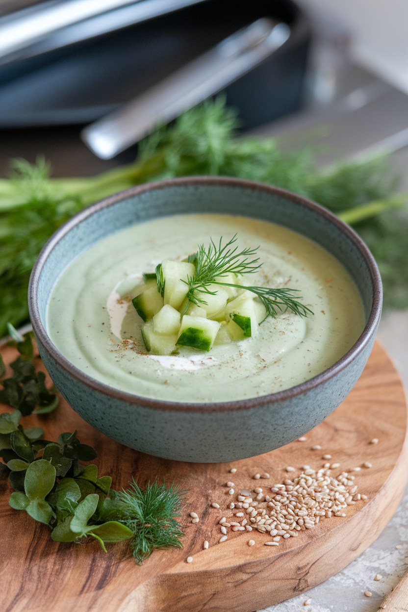 A chilled indoor bowl of pale green cucumber yogurt soup topped with diced cucumber and dill fronds. No text or logos.